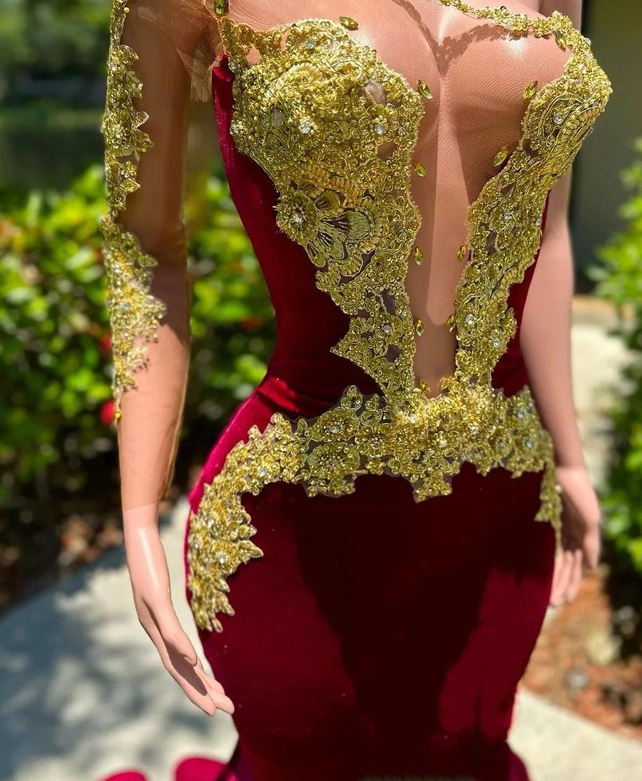 Long sleeves One shoulder Gold Appliques Burgundy Prom Dresses