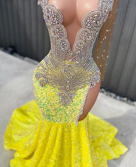 Round neck Silver Beaded Mermaid Yellow Sequin Prom Dresses