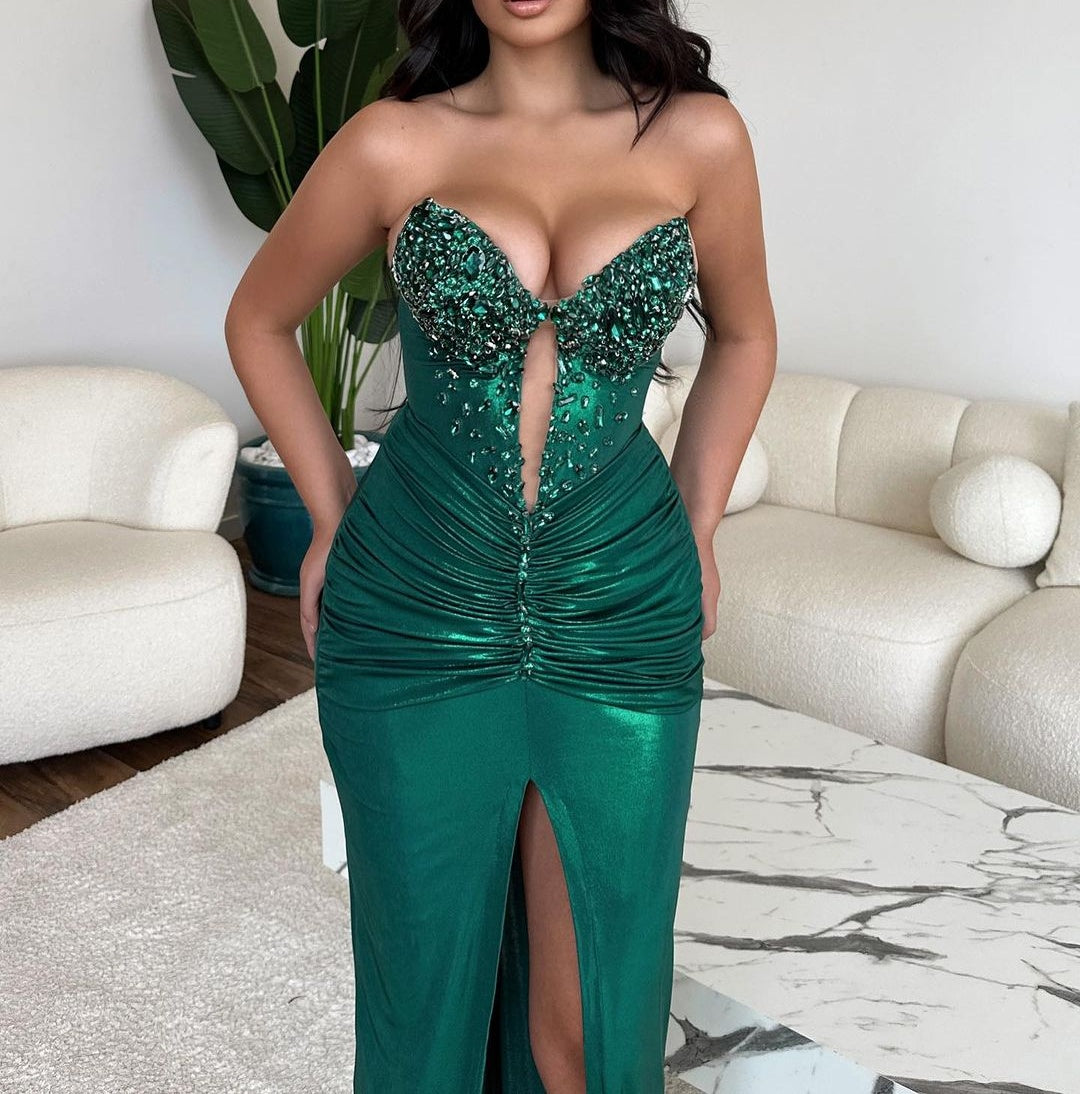 Fashion Long Green Mermaid Sequined Sleeveless Prom Dress With Slit