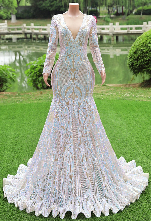 Gorgeous Long Sleeves V-Neck Prom Dress Mermaid Long With Sequins
