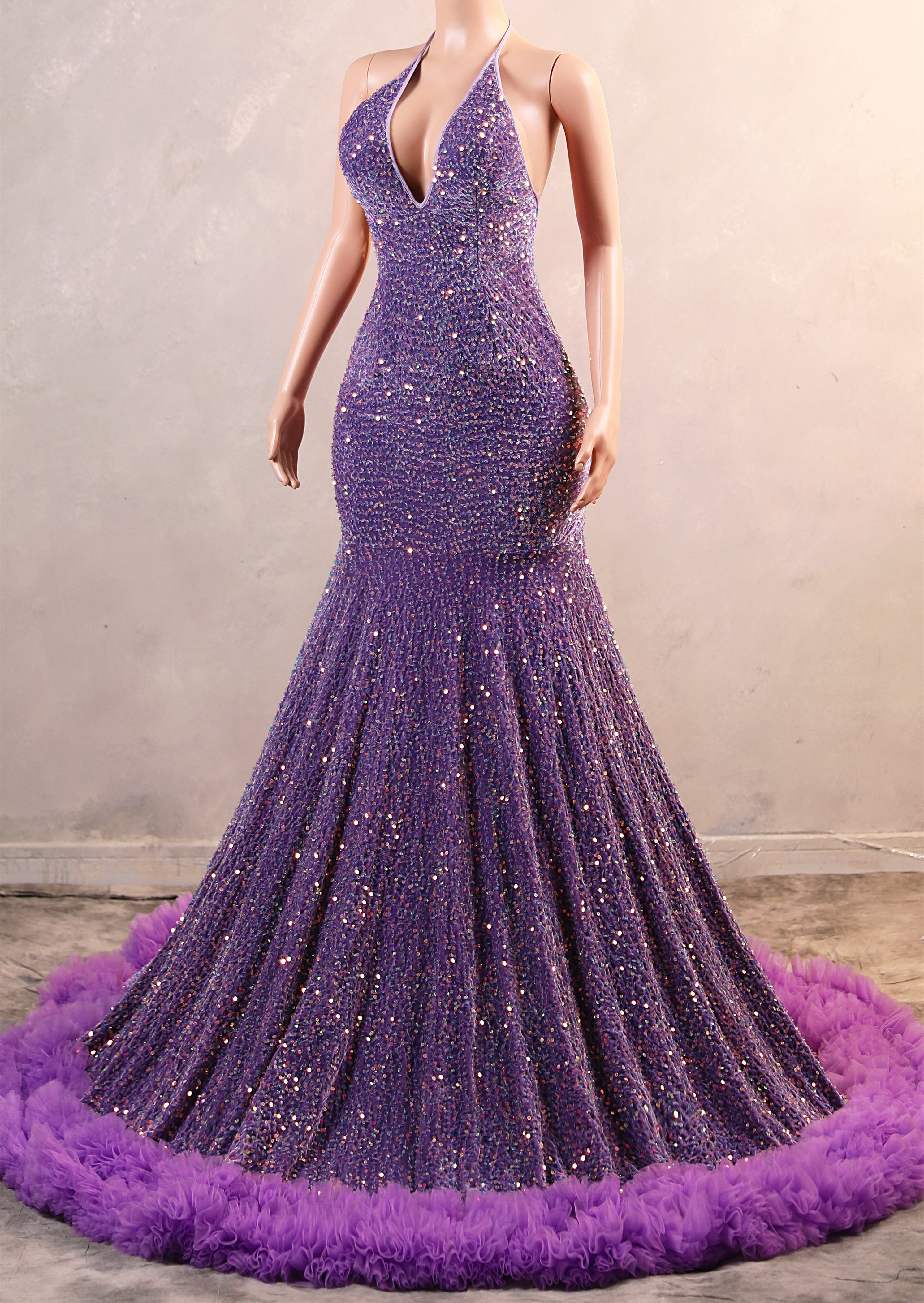 Sparkle Sequin Purple Halter V-neck Sleeveless Feathers Prom Dresses