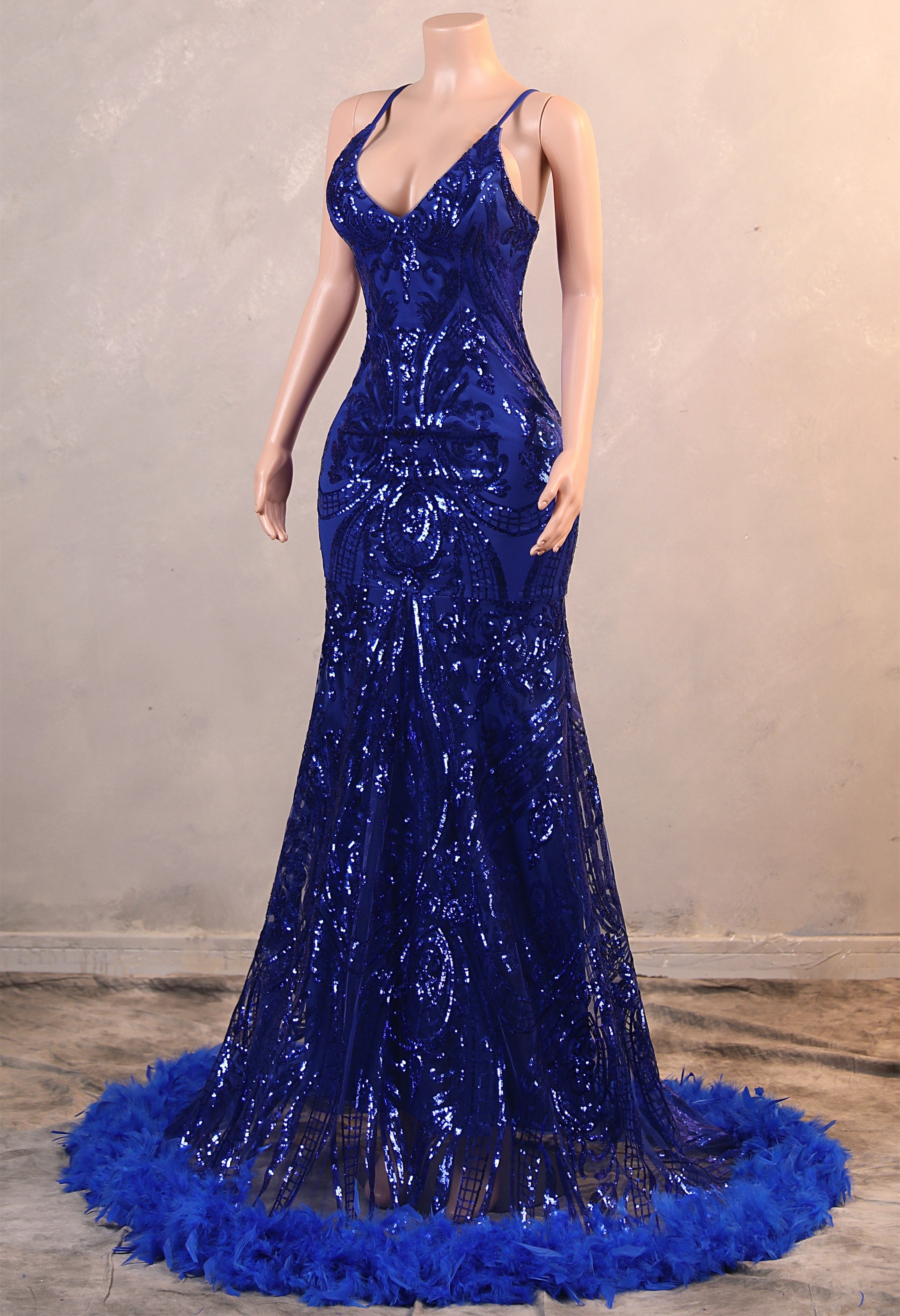 Halter V-neck Royal Blue Sequin Sparkle Feathers Prom Dresses