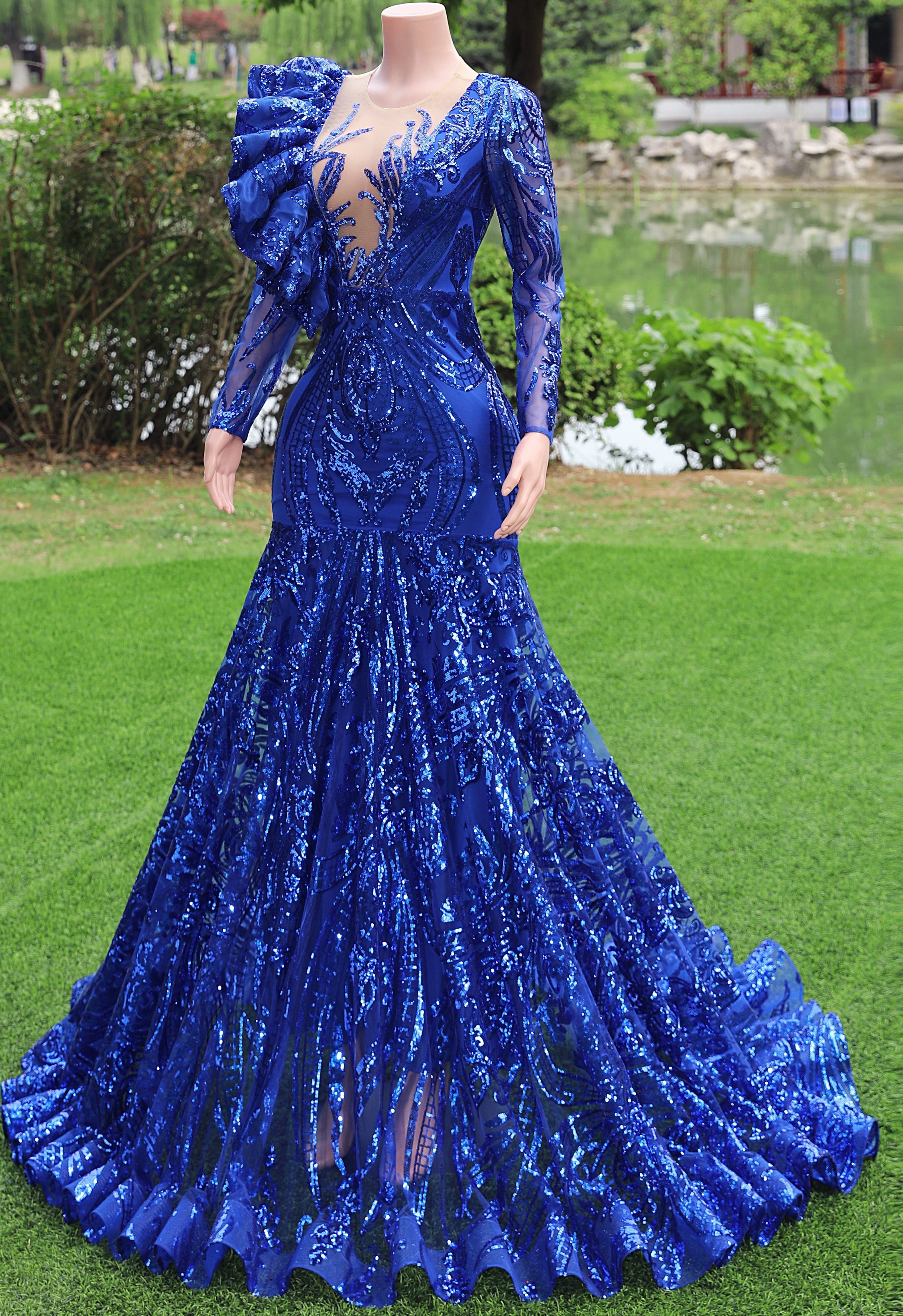 Long sleeves Royal Blue Mermaid Ruffles V-neck Floor length Prom Dresses