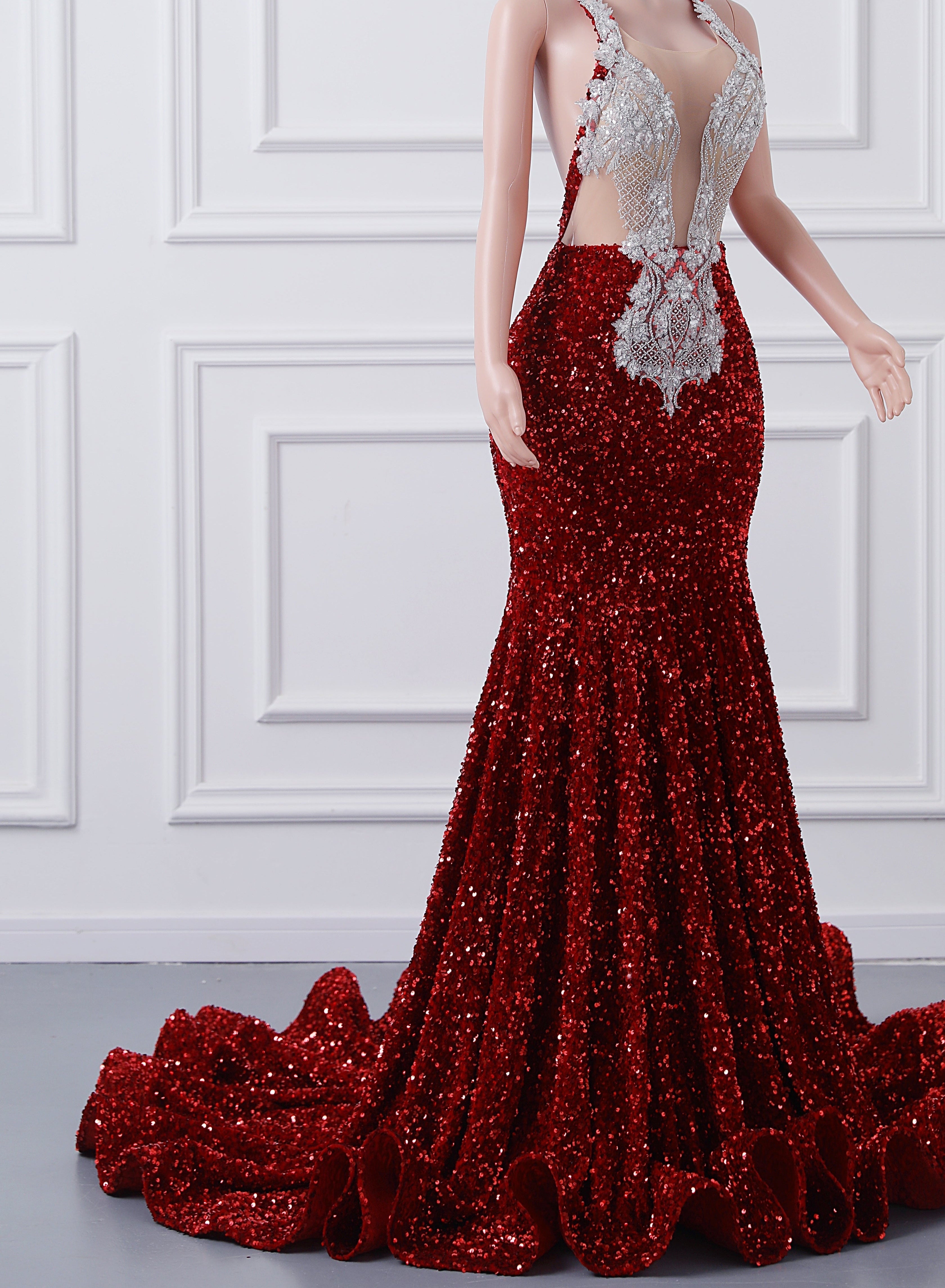 Luxury Burgundy Sequin Mermaid Silver Beaded Court Trian Prom Dresses