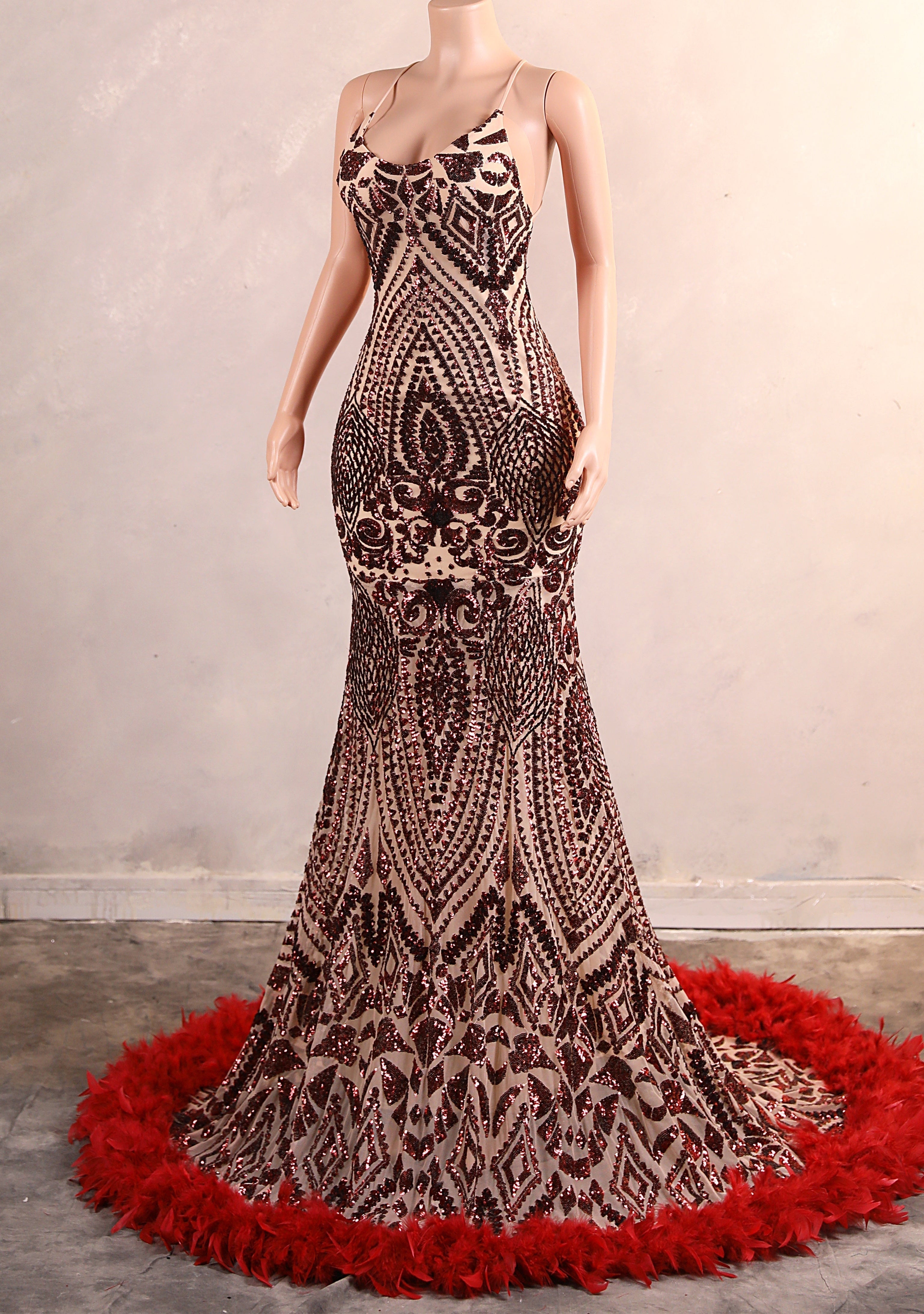 Halter Sequined Sparkle Burgundy Feathers Mermaid Prom Dresses