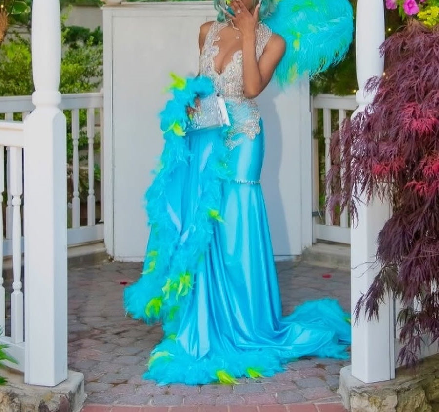 Elegant Blue Silver Sequined Feathers Mermaid Long Prom Dresses
