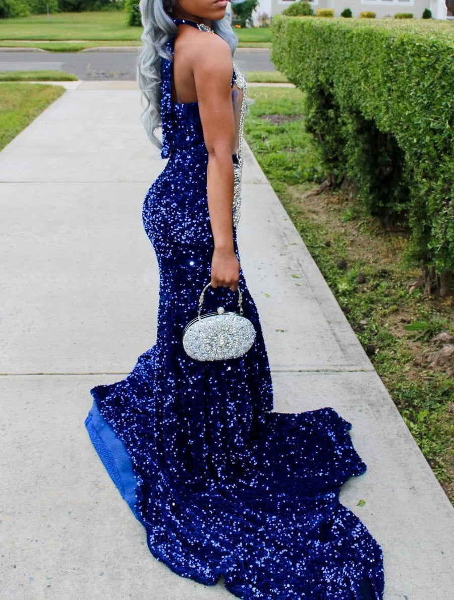Silver Beaded Royal Blue Court Train Mermaid Sequin Long Prom Dresses