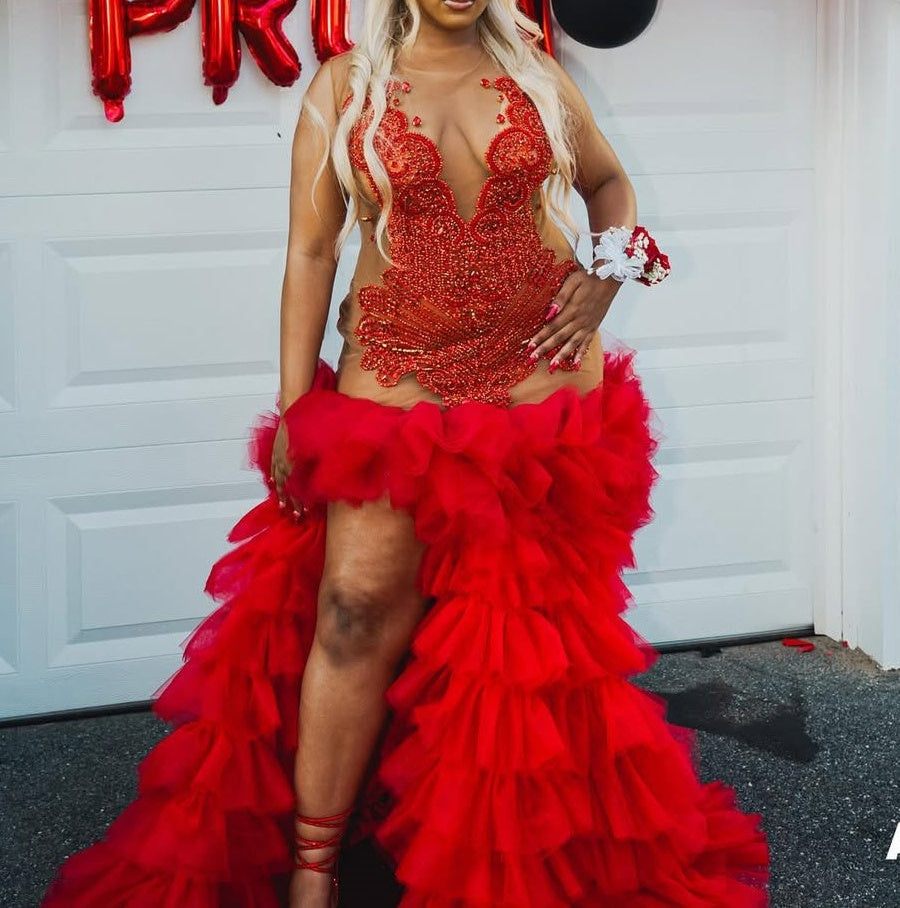 Red Ruffles High Split Sleeveless Mermaid Long Prom Dresses
