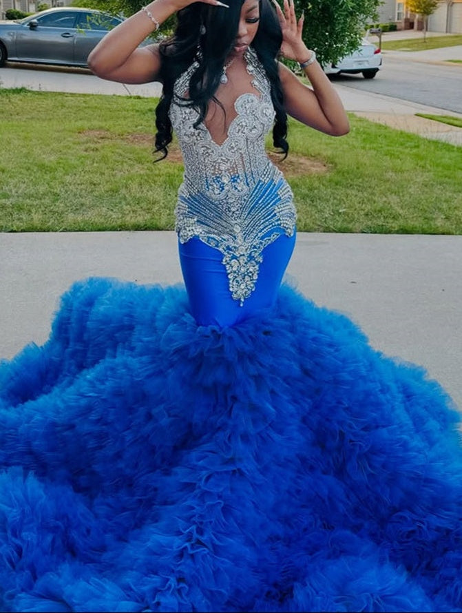 Elegant Blue Ruffles Mermaid Fit and Flare Silver Beaded Prom Dresses