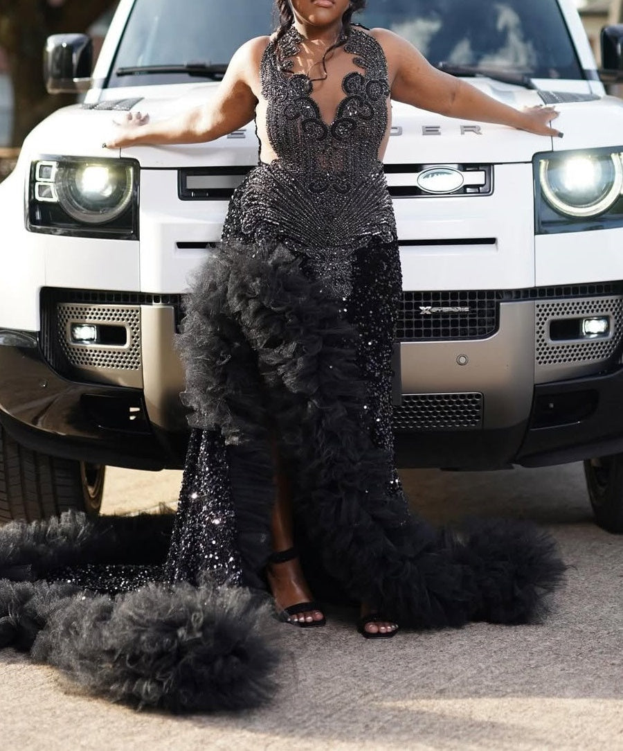 Black Keyhole Feathers High Split Mermaid Sequin Prom Dresses