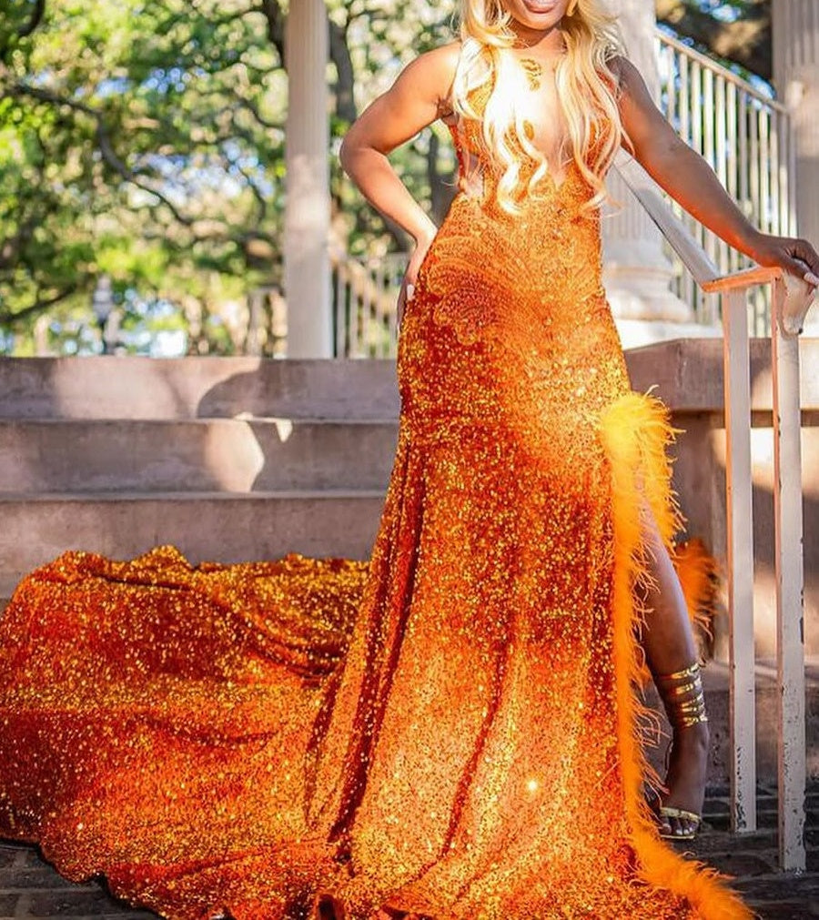 Orange Sleeveless Beaded Sequin Feathers Prom Dresses