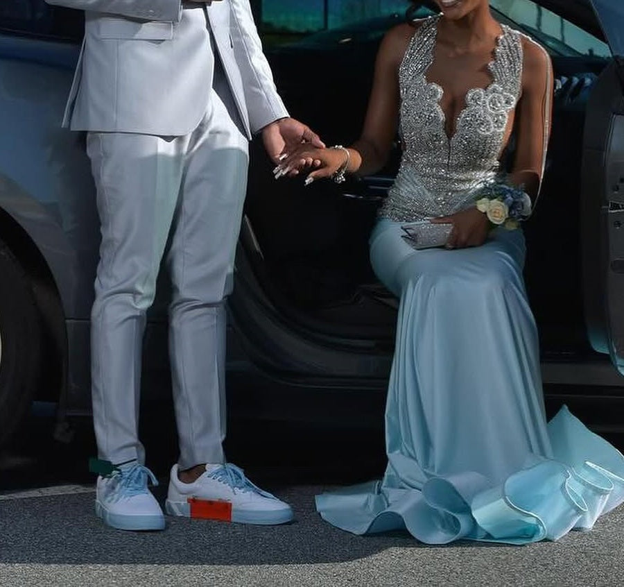 Sky Blue Silver Beaded Satin Mermaid Sleeveless Long Prom Dresses