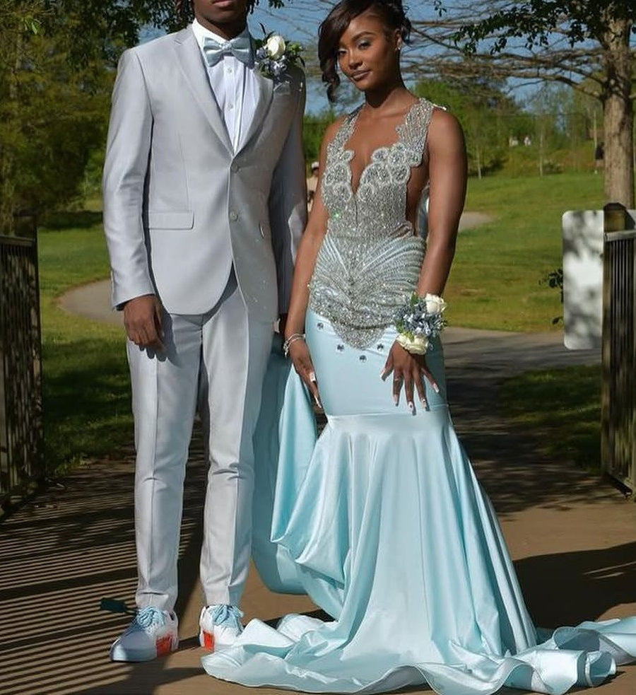 Sky Blue Silver Beaded Satin Mermaid Sleeveless Long Prom Dresses