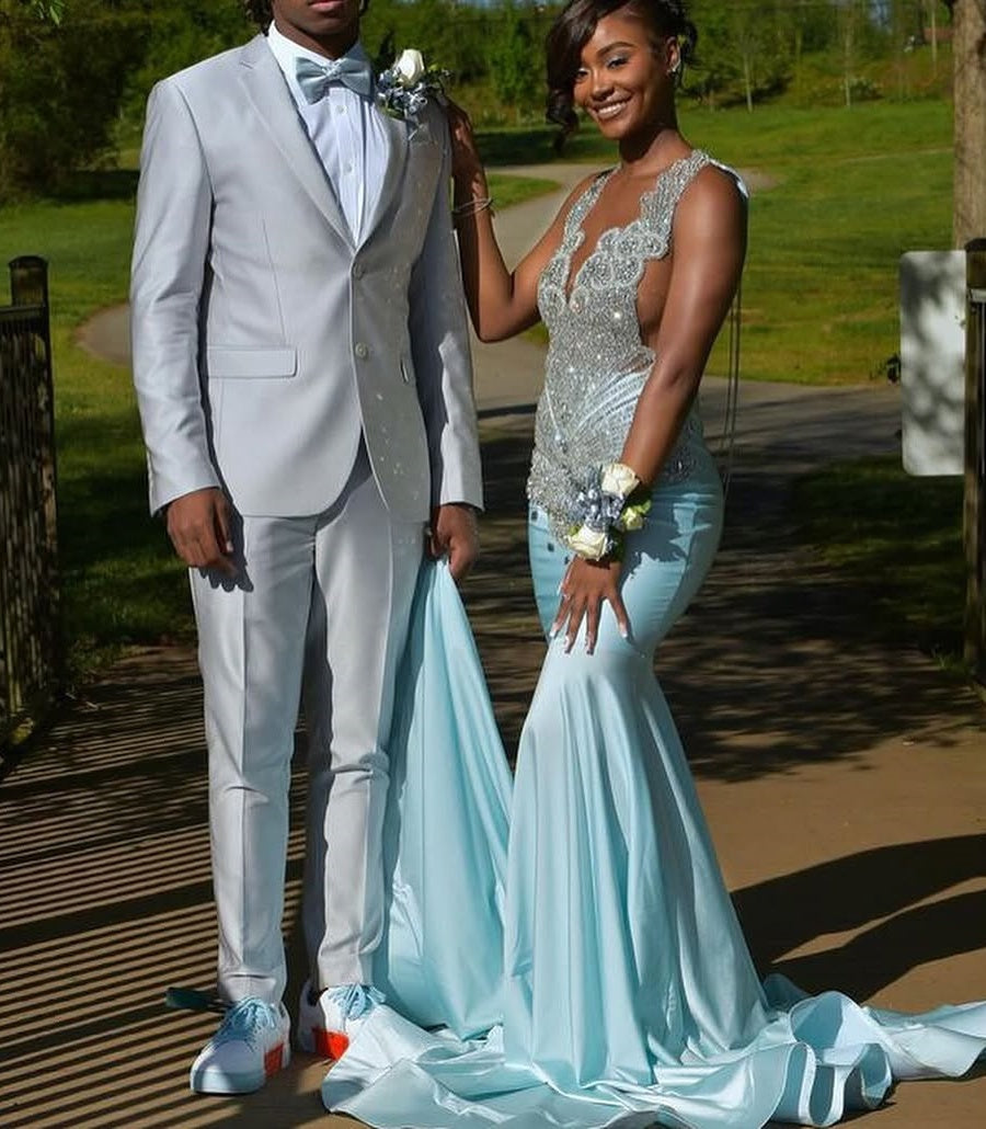 Sky Blue Silver Beaded Satin Mermaid Sleeveless Long Prom Dresses