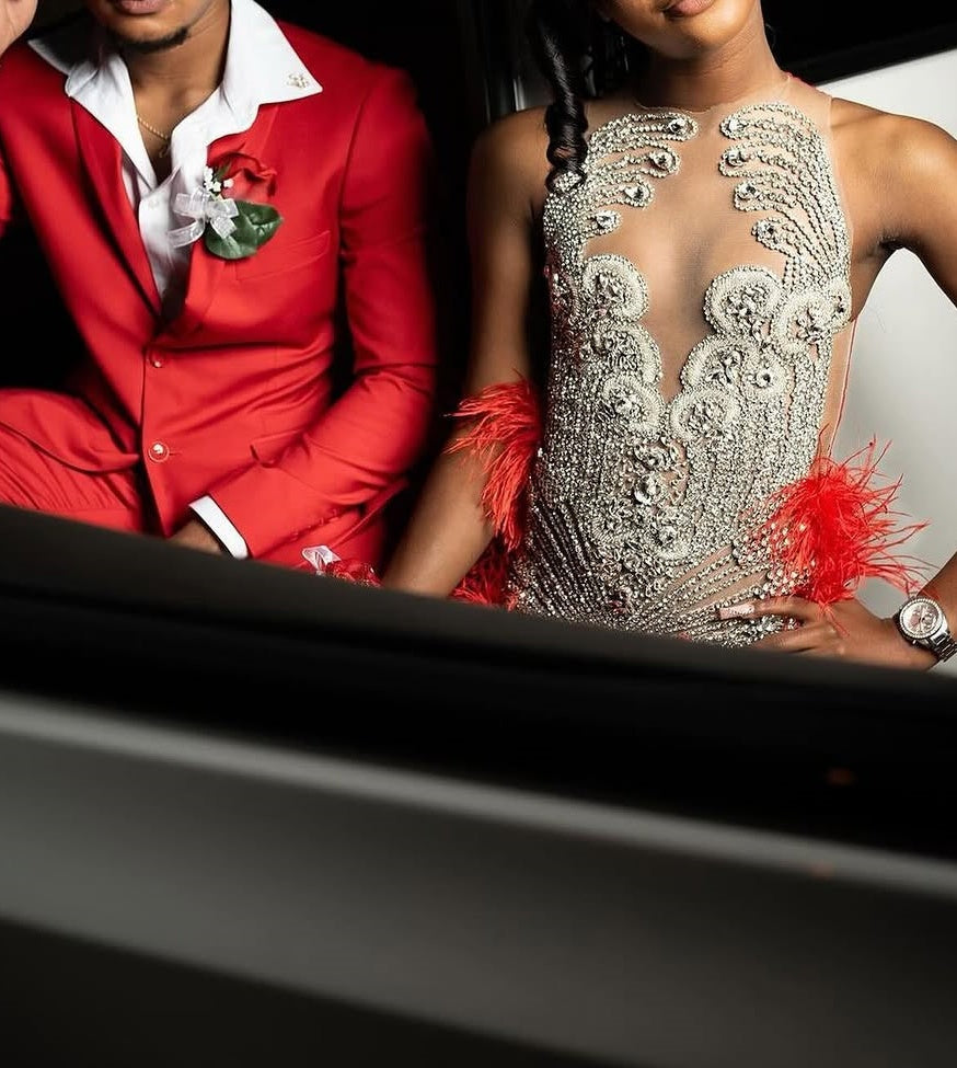 Red Silver Beaded Mermaid Sleeveless Long Mermaid Prom Dresses