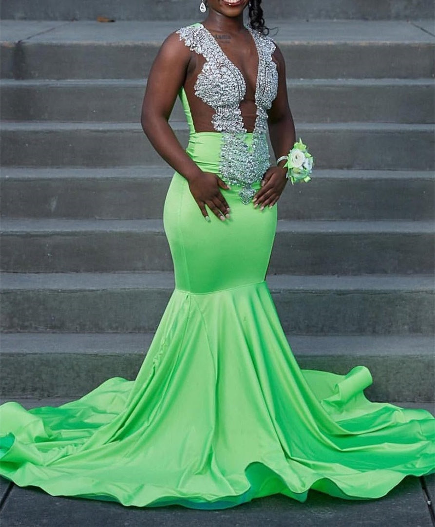 Sage Green Silver Beaded Mermaid Sleeveless Floor length Long Prom Dresses