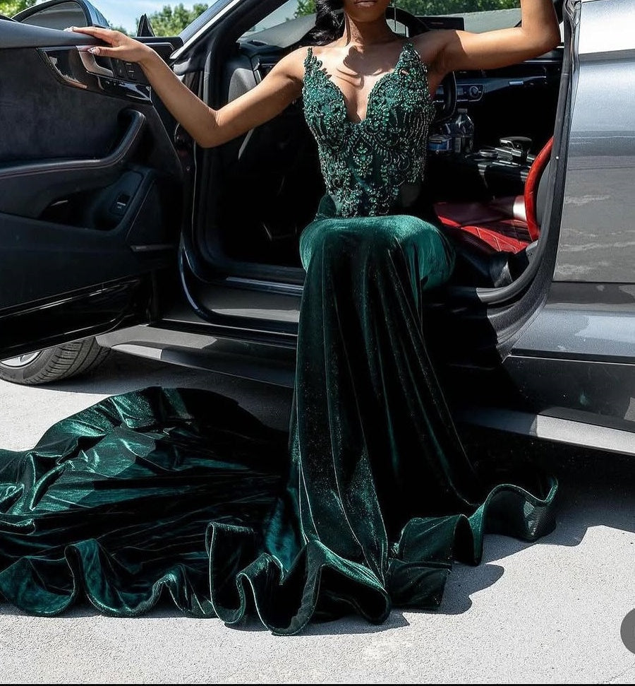 Dark Green Beaded Mermaid Fit Floor length Prom Dresses