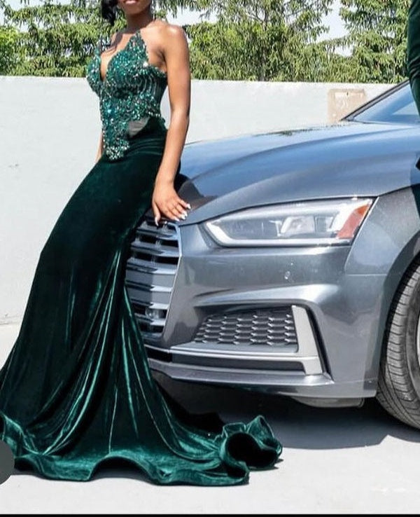 Dark Green Beaded Mermaid Fit Floor length Prom Dresses