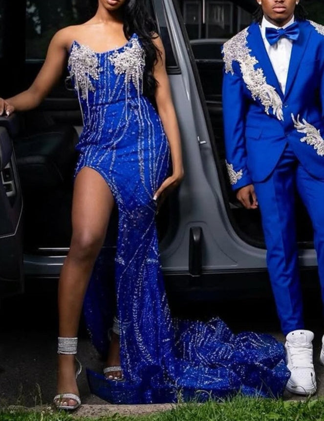 Strapless Royal Blue Silver Beaded Mermaid High Split Prom Dresses