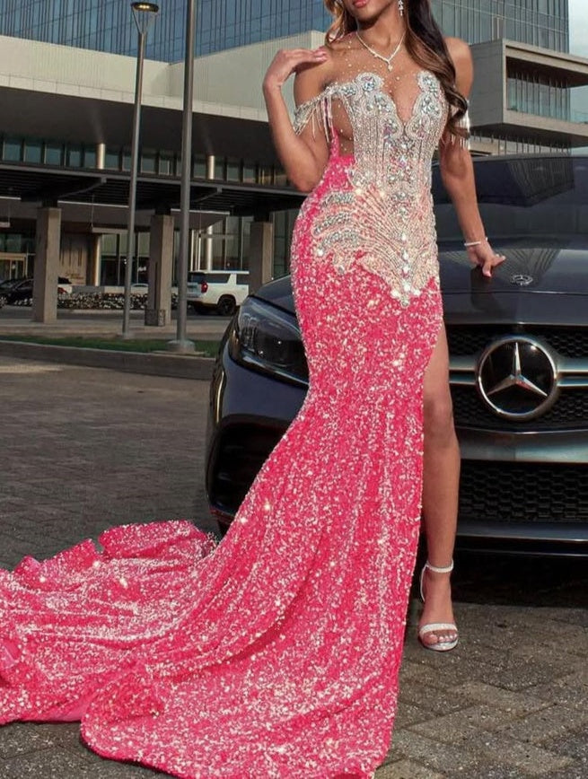 Off the shoulder Silver Beaded Pink Mermaid Court Train Prom Dresses