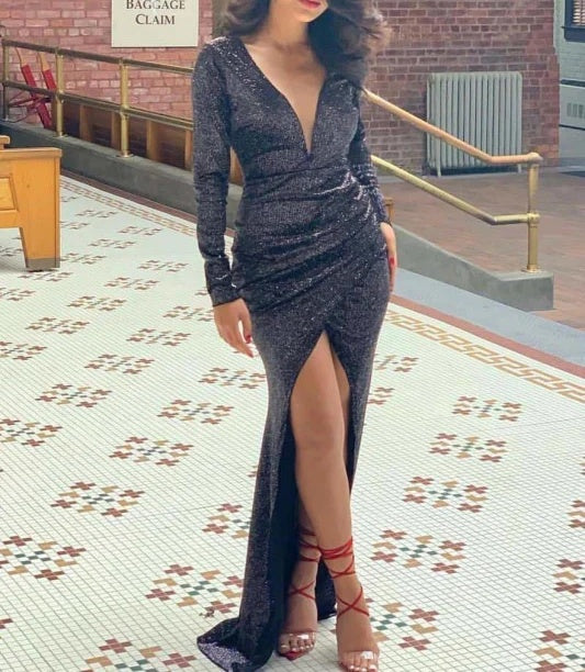 Long sleeves Deep V-neck High Split Mermaid Sparkle Black Prom Dresses