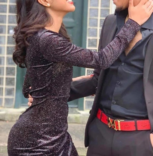 Long sleeves Deep V-neck High Split Mermaid Sparkle Black Prom Dresses