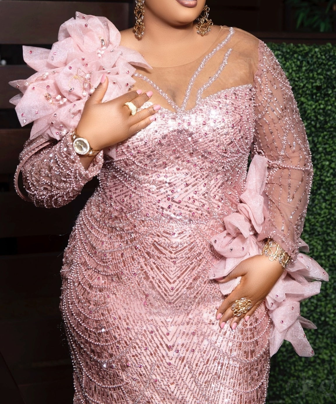 Luxury Long sleeves Pink Flowers Floor length Mermaid Plus Size Prom Dresses