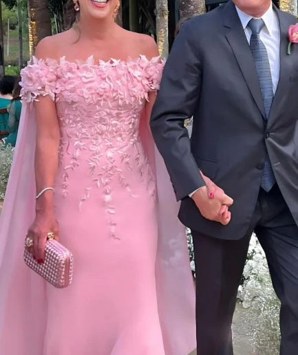 Pearl Pink Off the shoulder Cap sleeves Column Flowers Prom Dresses
