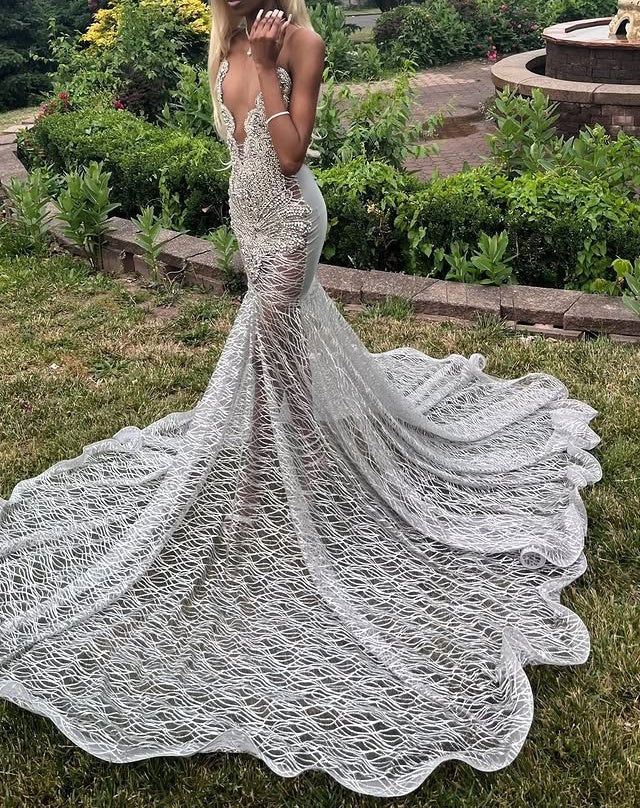 Silver Deep V-neck Sleeveless Mermaid Sparkle Court Train Prom Dresses