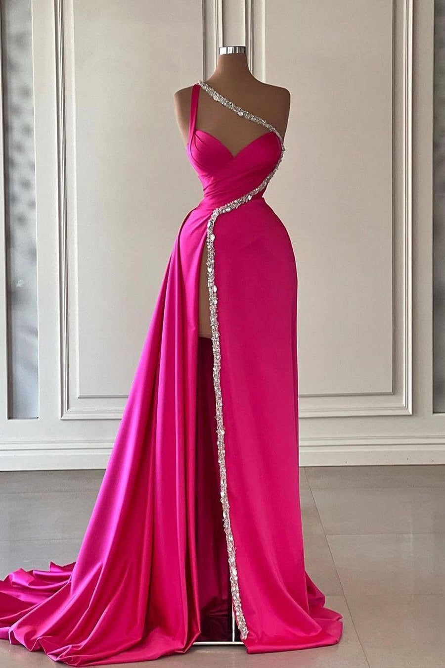 Unique Silver Beaded High Split Court Train Mermaid One shoulder Prom Dresses