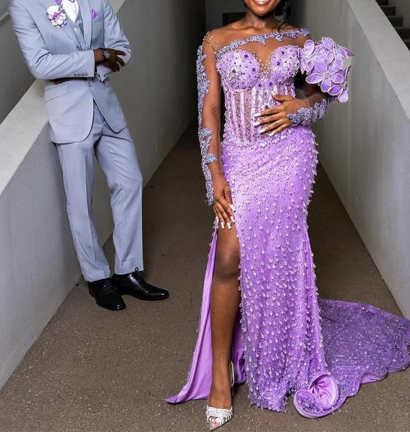 One shoulder Long sleeves Lilac High Split Sequin Flowers Prom Dresses