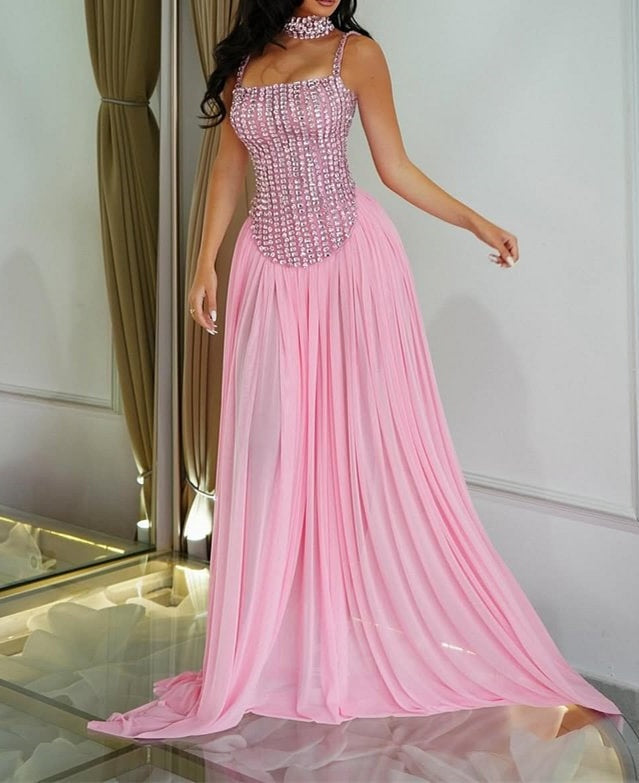 Pretty Pink Spaghetti-Straps Chiffon Prom Dresses Floor Length Sleeveless With Beads