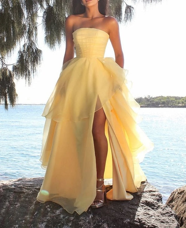 Beautiful Daffodil Strapless A-Line Prom Dresses Sleeveless With High Slit Online