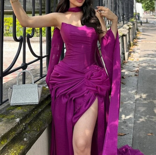 Classy Orchid Sweetheart Prom Dresses Satin Sleeveless High Slit With Pleats