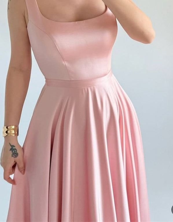 Chic Pink Square Straps Sleeveless Prom Dresses Satin Lace-UP Back With Pleats