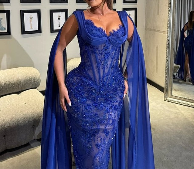 Luxury Royal Blue V-neck Lace Mermaid Prom Dresses Sleeveless Sheath Ribbons With Beads