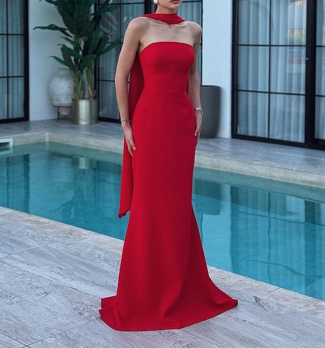 Charming Red Strapless Satin Mermaid Prom Dresses Floor Length Sleeveless On Sale