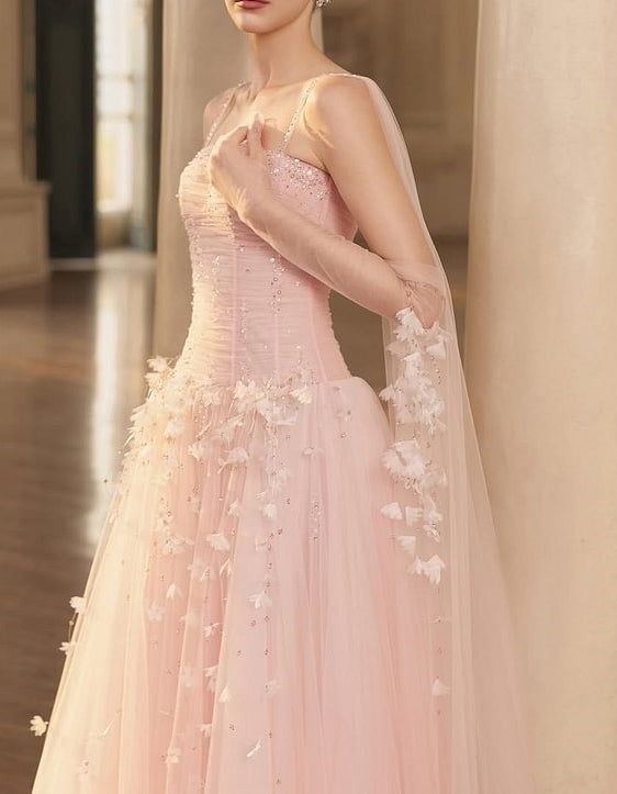 Gorgeous Pink Spaghetti-Straps Tulle Prom Dresses A-Line Ribbon Sleeveless With Beads Flower