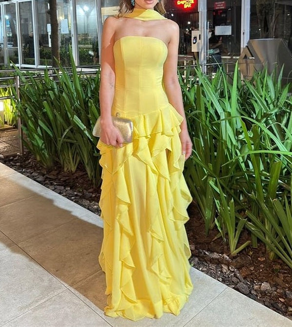 Gorgeous Yellow Strapless Sleeveless Chiffon Prom Dresses Ruffles Sheath With High Slit