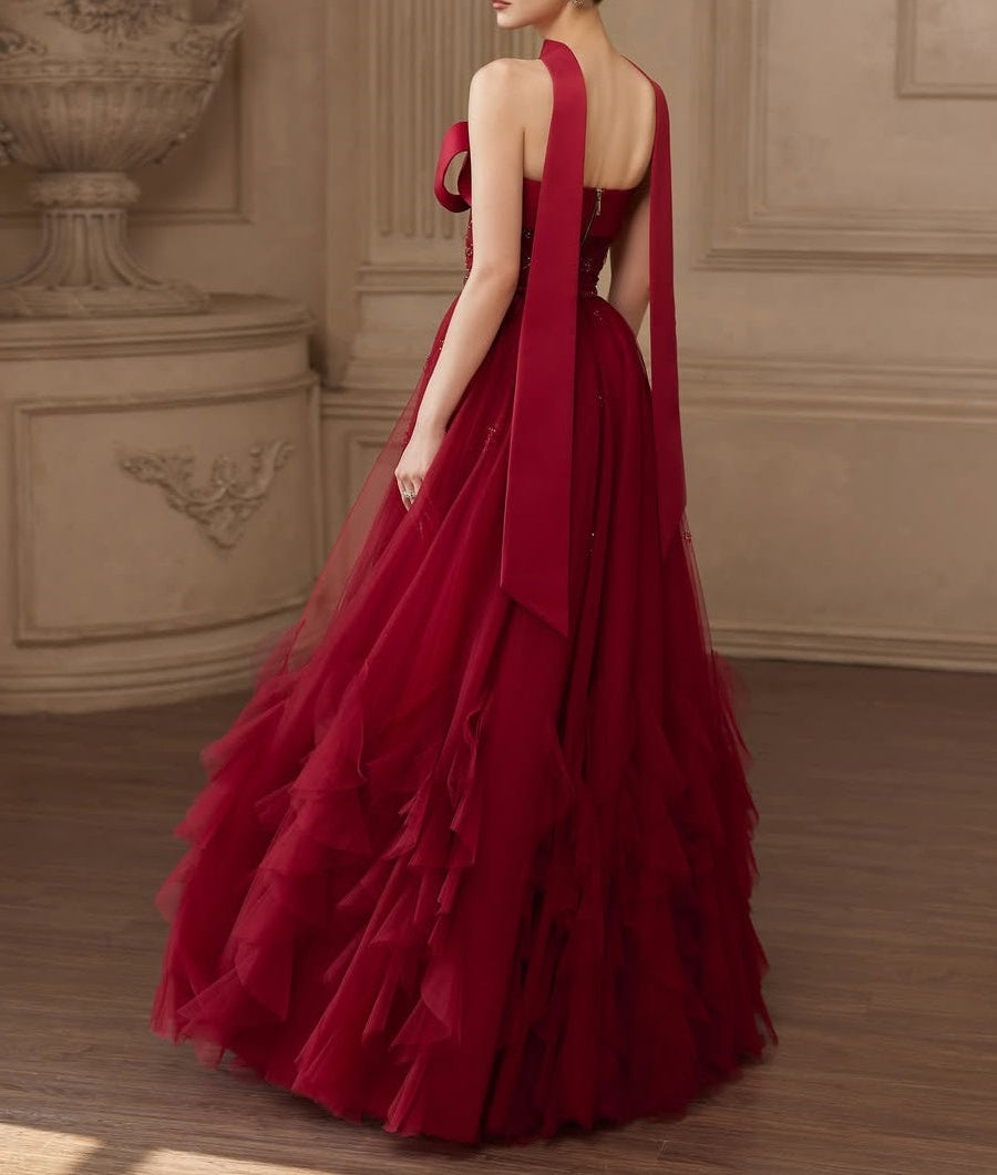 Popular Burgundy Strapless Tulle A-Line Prom Dresses Sleeveless Gem With Bow Knot Beadings