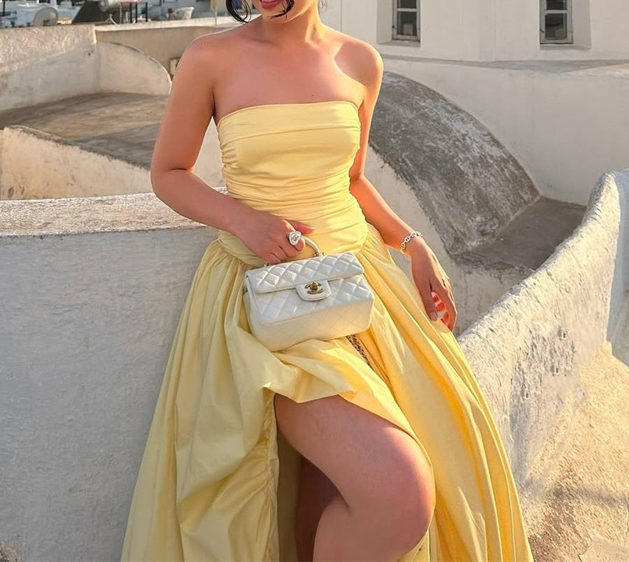 Charming Daffodil Strapless Prom Dress Sleeveless A-Line Side Slit With Pleats