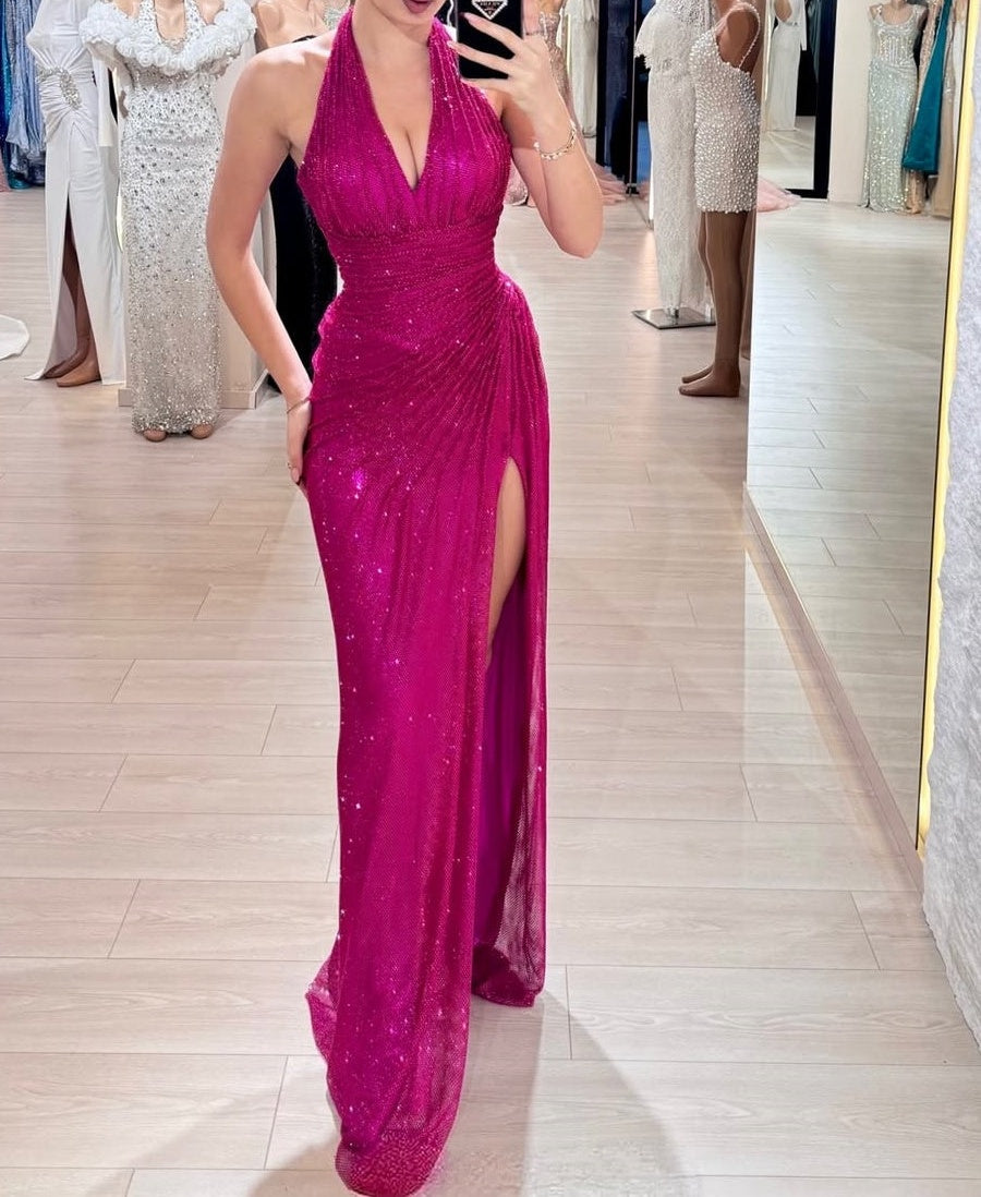 Gorgeous Raspberry Halter V-Neck Prom Dresses Sleeveless High Slit Pleats With Beadings