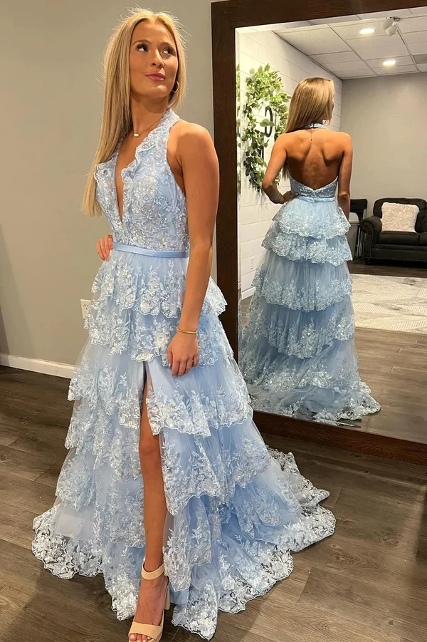A-Line Low V Necck Halter Sleeveless Open Back Sky Blue Sequins Lace Appliques Tiered Floor Length Prom Dresses Dress with High Side Slit and Train