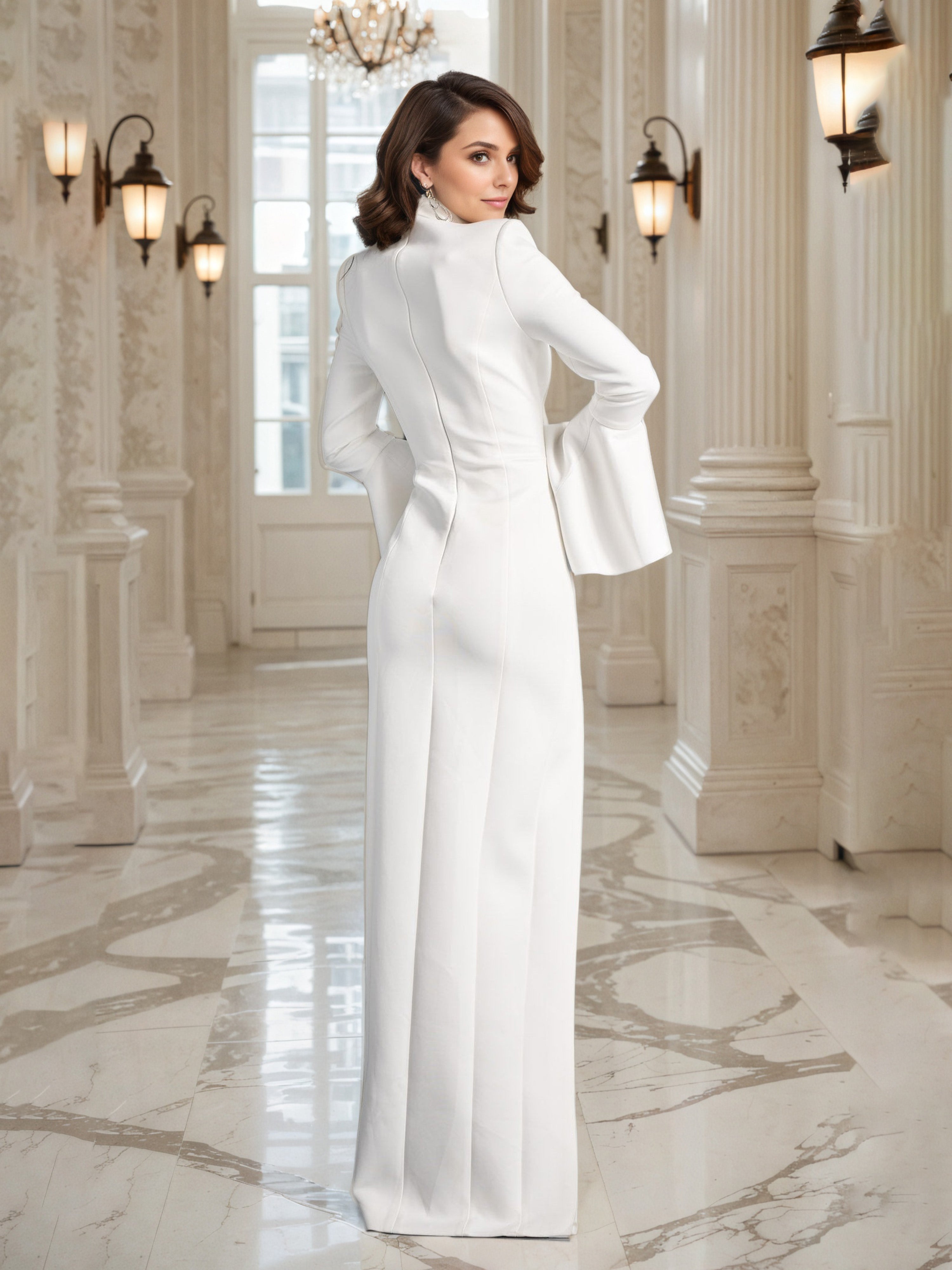 White Mother of the Bride Dress with a Stand Collar and Long Sleeves