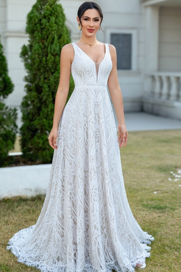 A-Line V Neck Straps Sleeveless Fully Lace Open Back Floor Length Boho Wedding Gown Beach Bride Dress