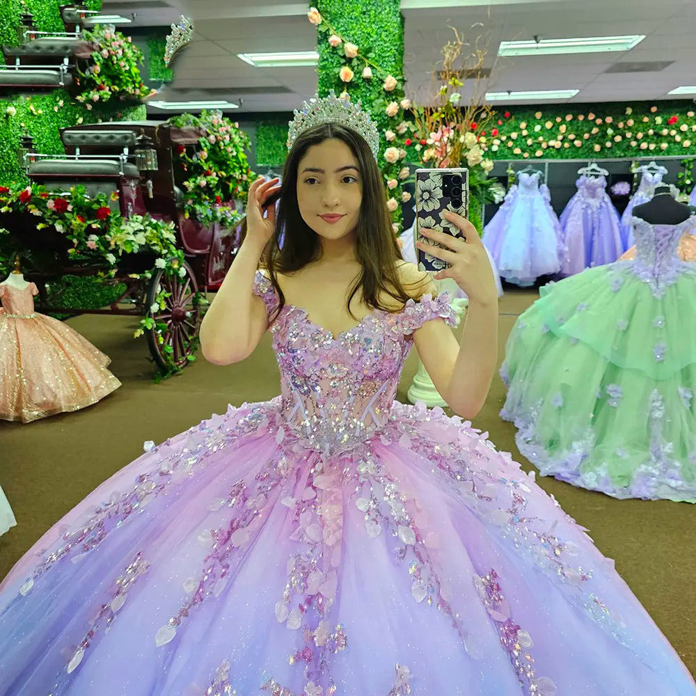 Sparkly Ball Gown Off Shoulder Appliques Beaded Tulle Princess Prom Dresses Party Gown Quinceanera Dresses for Sweet 16 Dress