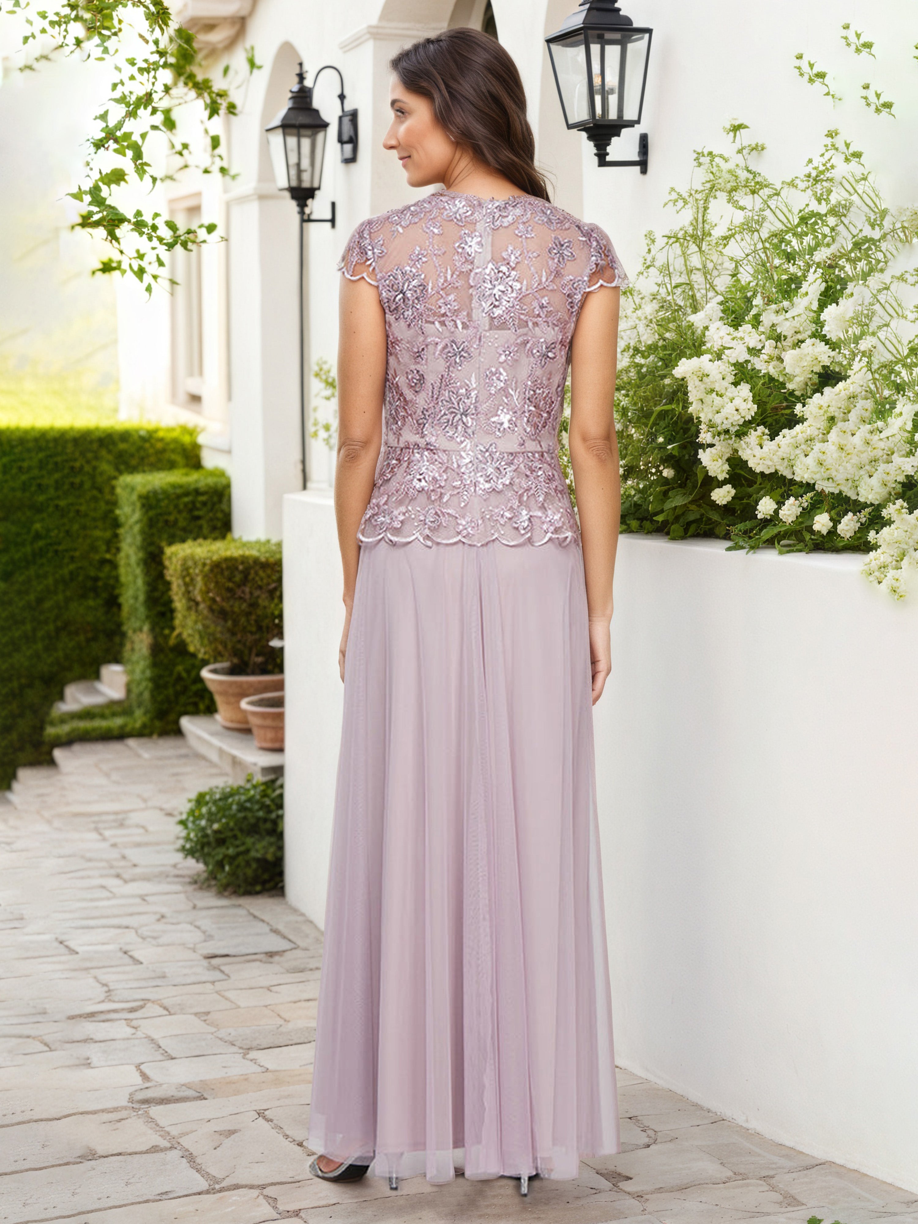 Wisteria V-Neck A-Line Tulle Mother of the Bride Dress with Lace Appliqued Top