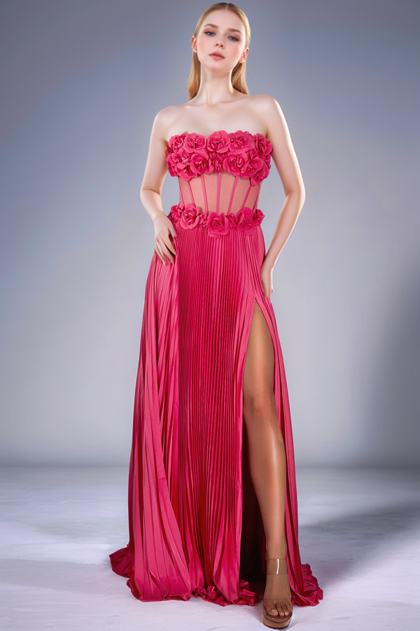 Elegant & Gorgeous A-Line Strapless Sleeveless 3D Flowers Formal Proom Dress Ruched Back Zipper High Side Slit Evening Party Dress Wedding Guest Dress