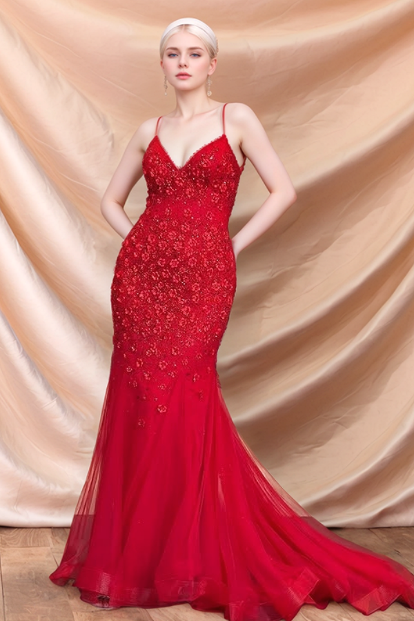 Sexy & Hot Mermaid Spaghetti Straps Sleeveless 3D Flower Appliques Prom Dresses Dress Criss Cross Straps Evening Party Dress