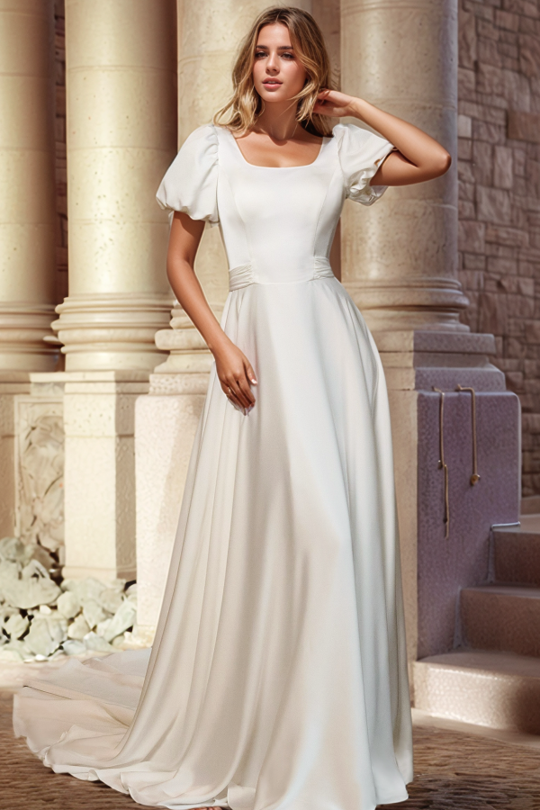 Simple & Casual A-Line Square Neck Half Lantern Sleeves V Back Buttons Wedding Gown Satin Bride Dress